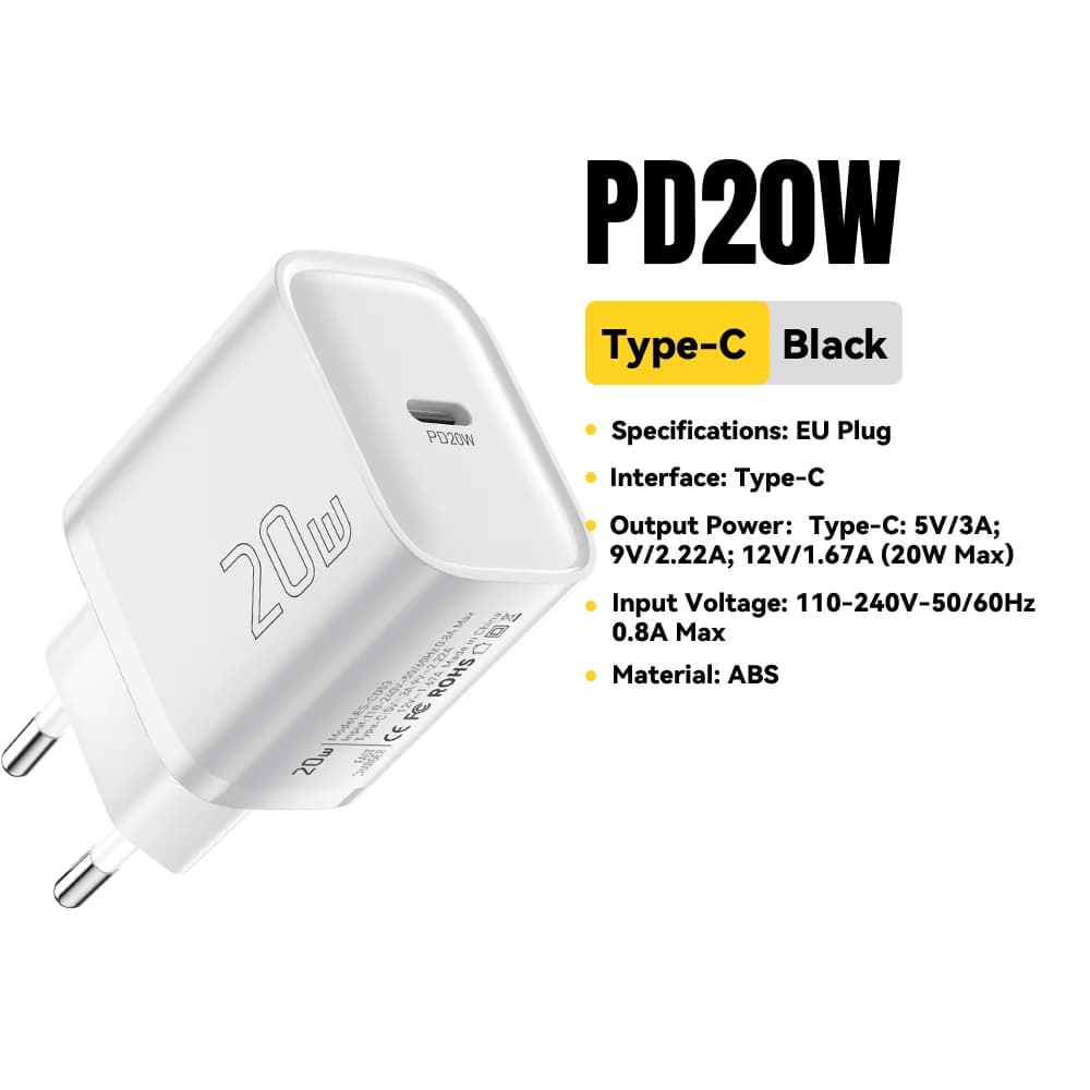 شاحن حائط مصغر USB-C PD للشحن السريع بقدرة 20 واط