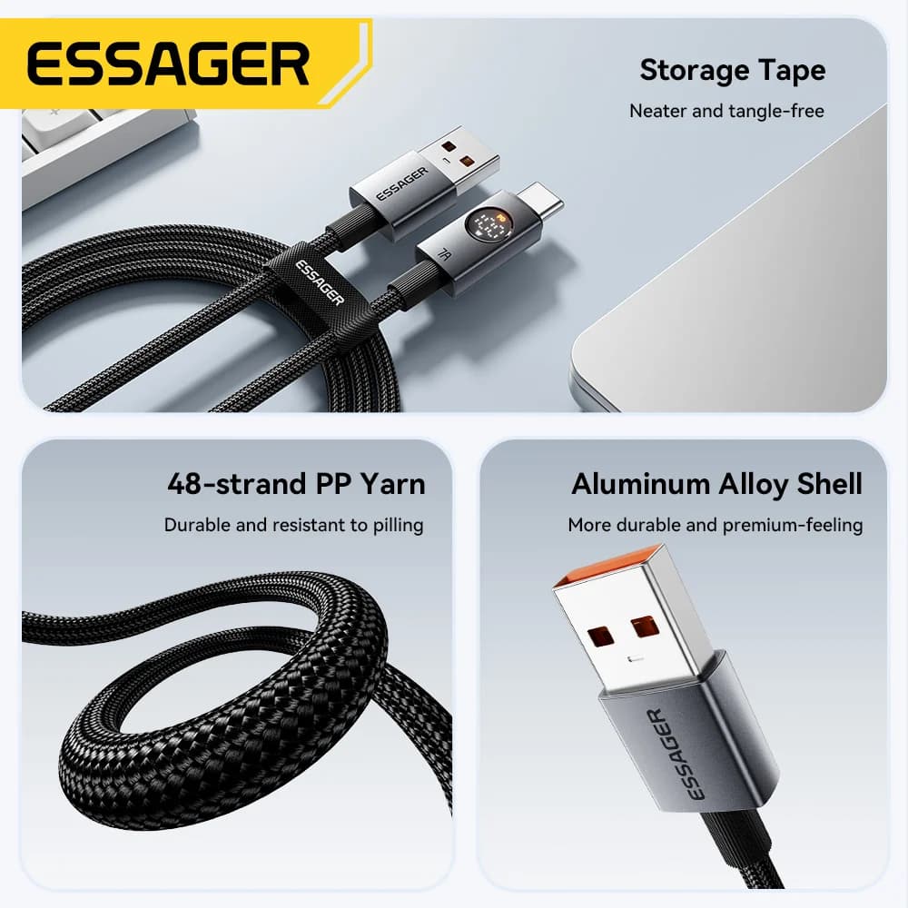كابل USB-C بشاشة رقمية يدعم تيار 7 أمبير وقدرة 100 واط