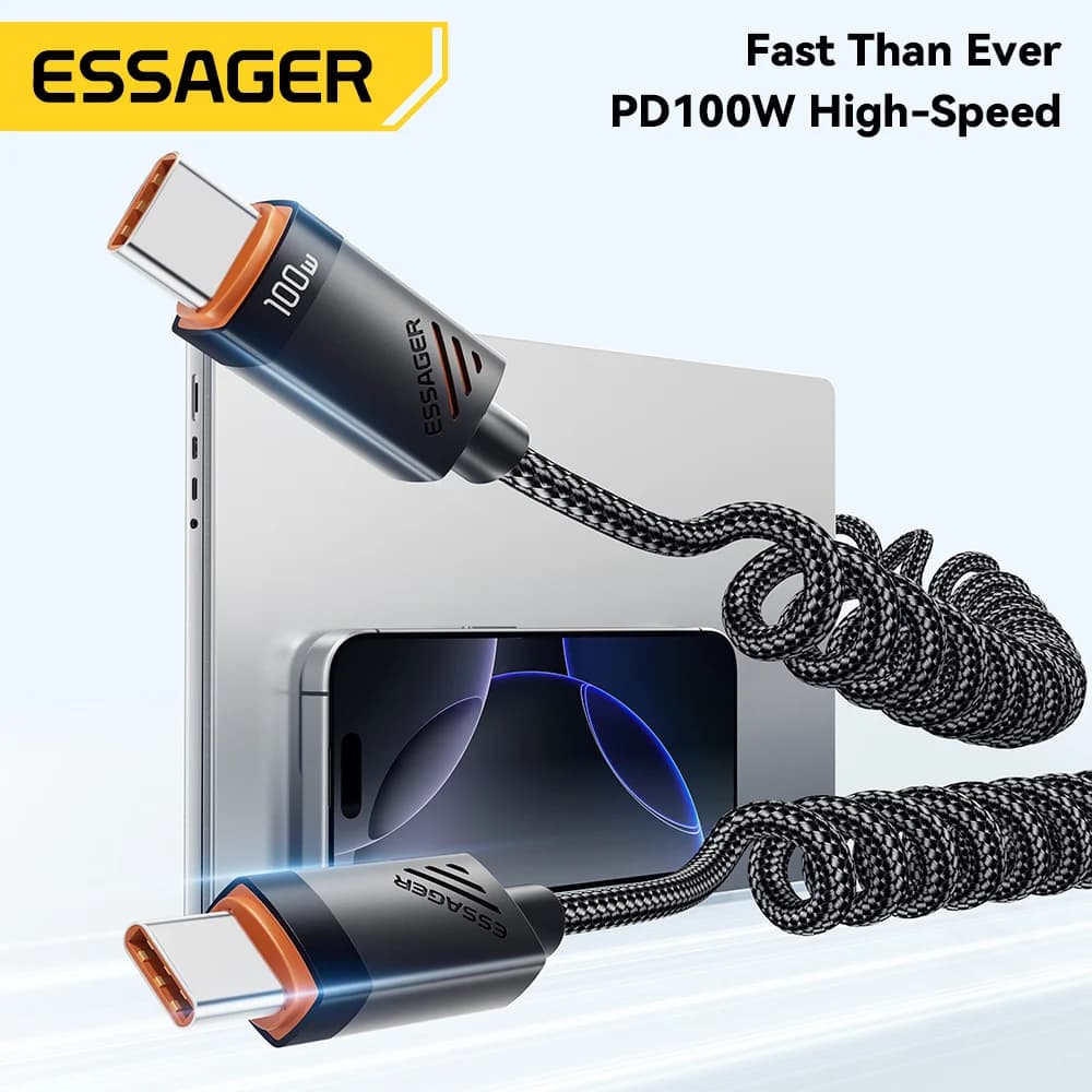 كابل شحن سريع حلزوني USB-C إلى USB-C بقوة 100 واط