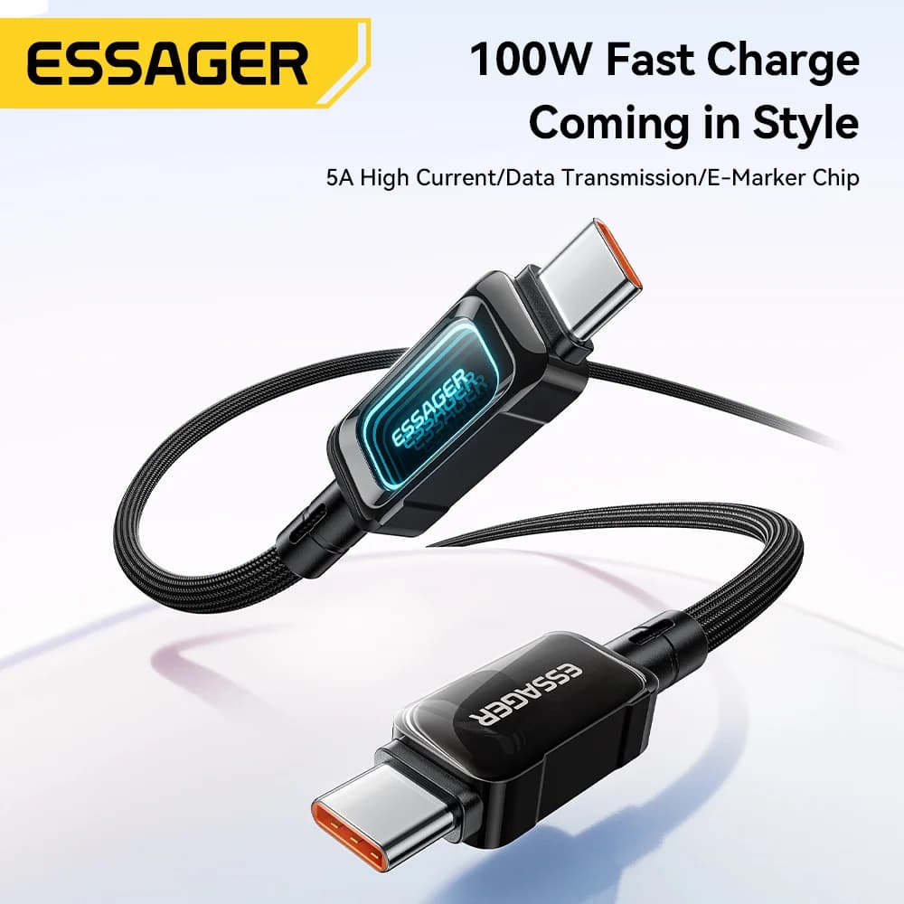 كابل شحن سريع LED بقدرة 100 واط من USB-C إلى USB-C