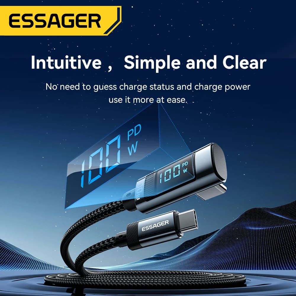 كابل USB-C بزاوية 90 درجة بشاشة عرض LED بقوة 100 واط و5 أمبير