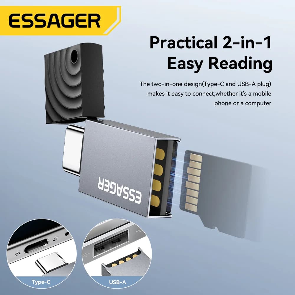 قارئ بطاقات ذاكرة 2 في 1 بمنفذ USB-C و USB 2.0