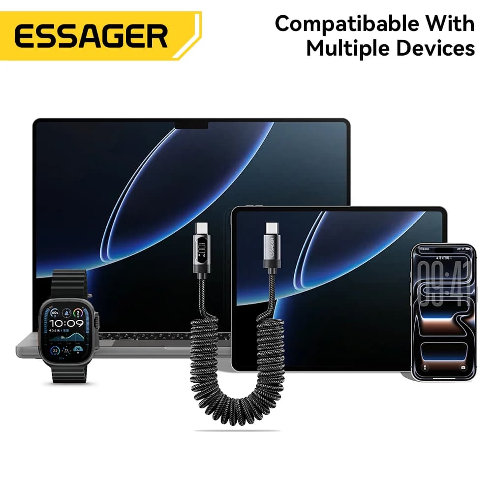 كابل سيارة USB-C إلى USB-C نابضي بقدرة 100 واط