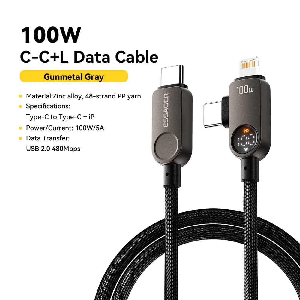 كابل 2 في 1 من USB-C إلى Lightning، شحن سريع PD 100 واط