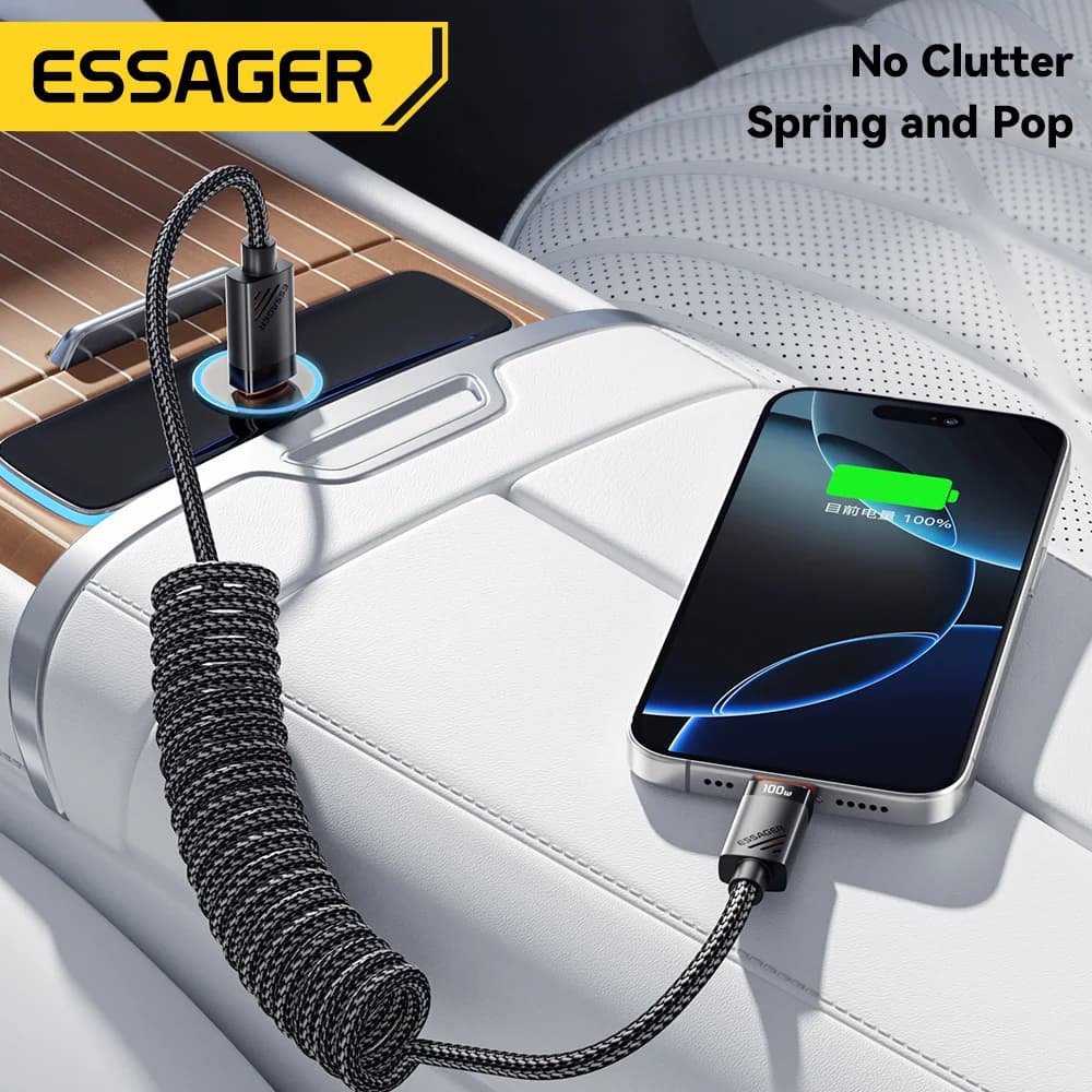 كابل شحن سريع حلزوني USB-C إلى USB-C بقوة 100 واط
