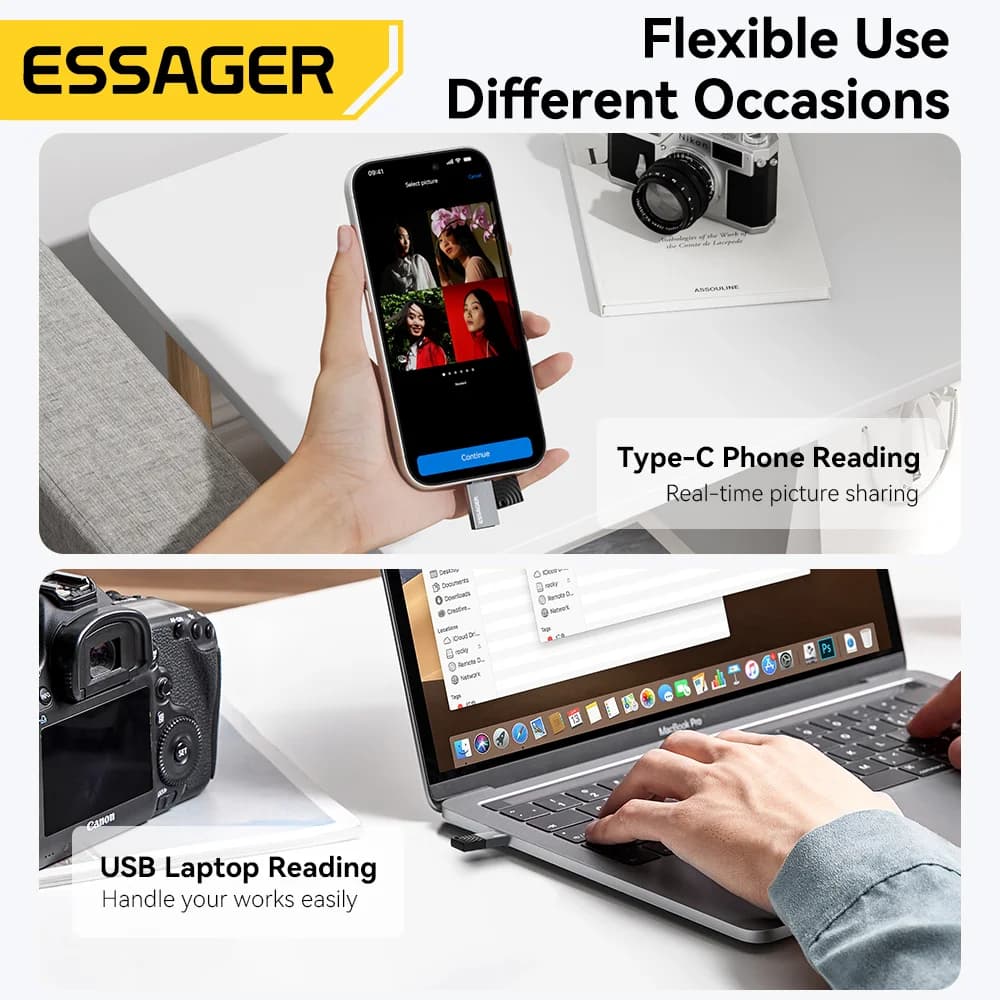 قارئ بطاقات ذاكرة 2 في 1 بمنفذ USB-C و USB 2.0