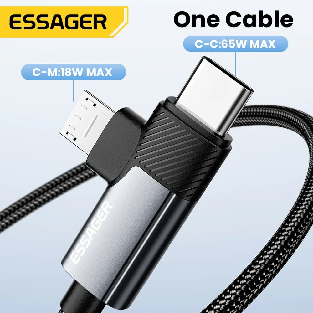 كابل شحن سريع 2 في 1 بتقنية PD بقوة 65 واط Type-C/USB-A إلى Micro