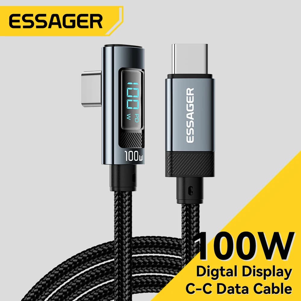 كابل USB-C بزاوية 90 درجة بشاشة عرض LED بقوة 100 واط و5 أمبير