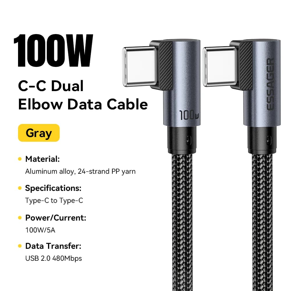 كابل شحن سريع منحنٍ (Elbow) من USB-C إلى USB-C بقدرة 100 واط