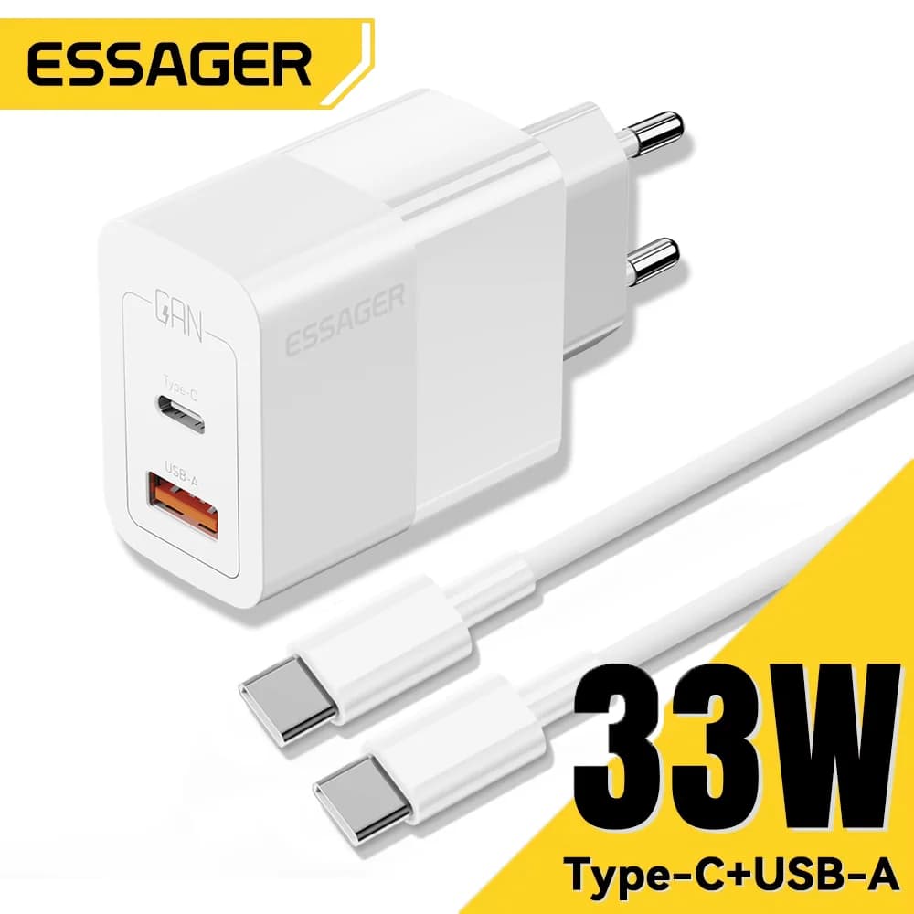 شاحن حائط مصغر بمنفذين USB-C للشحن السريع بقوة 33 واط