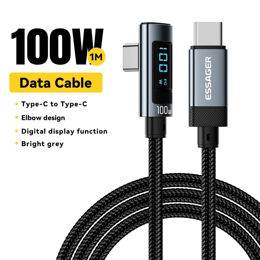 كابل USB Type-C بقوة 100W بزاوية 90° وشاشة LED