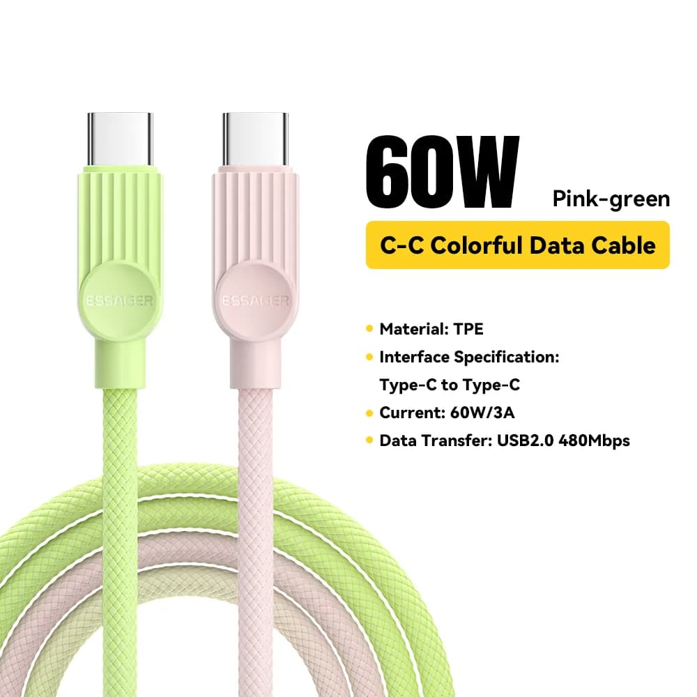 كابل شحن سريع USB-C إلى USB-C ملون بقوة 60 واط