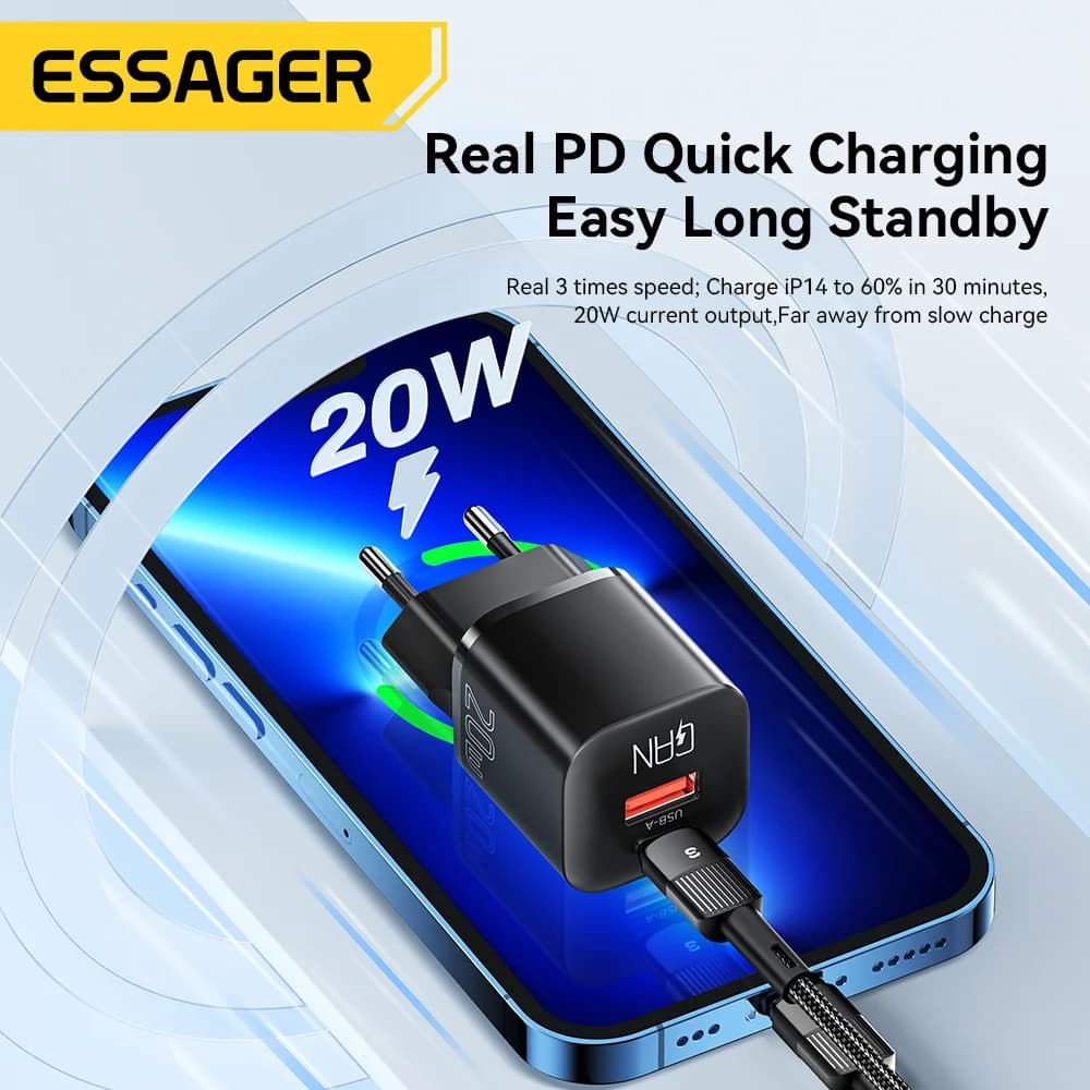 شاحن GaN USB-C سريع بقدرة 20W مع تقنية PD