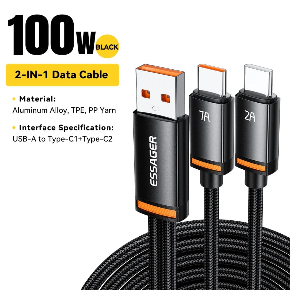 كابل شحن 2 في 1 من USB-A إلى Type-C وLightning، بقوة 100W
