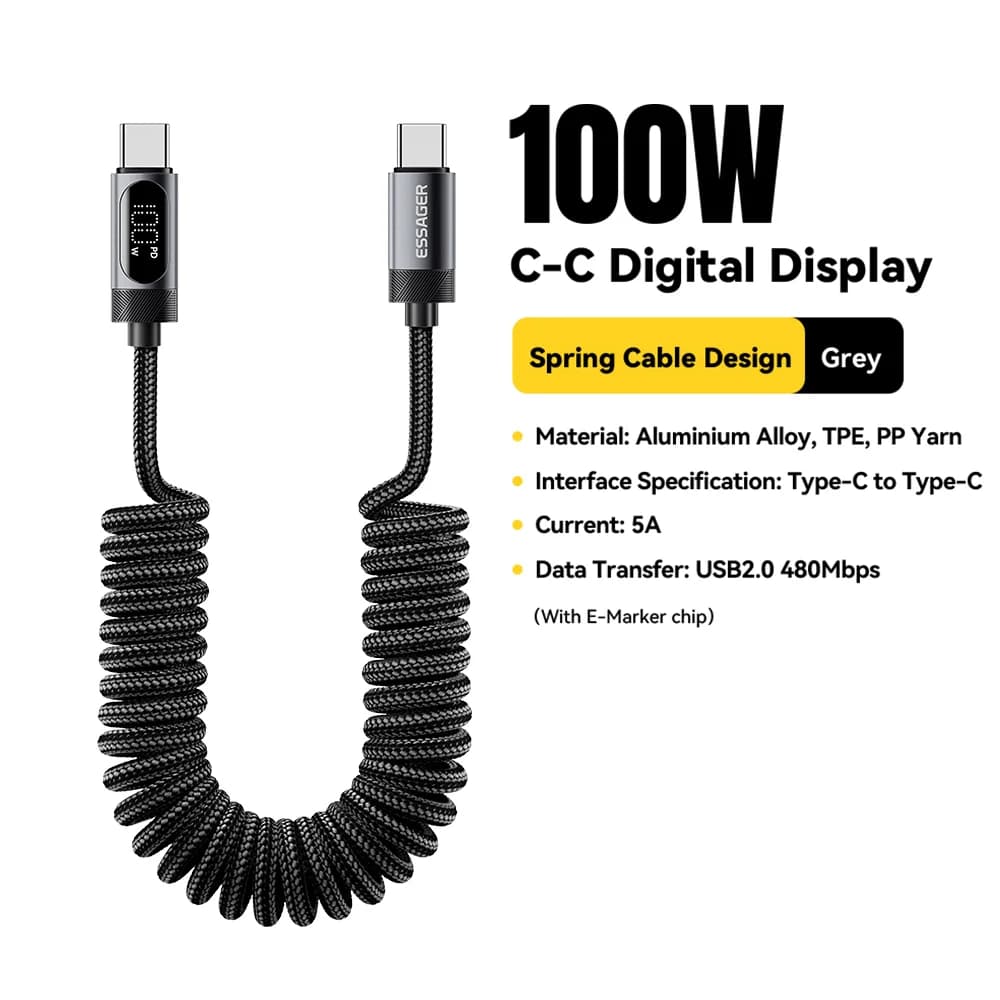 كابل سيارة USB-C إلى USB-C نابضي بقدرة 100 واط