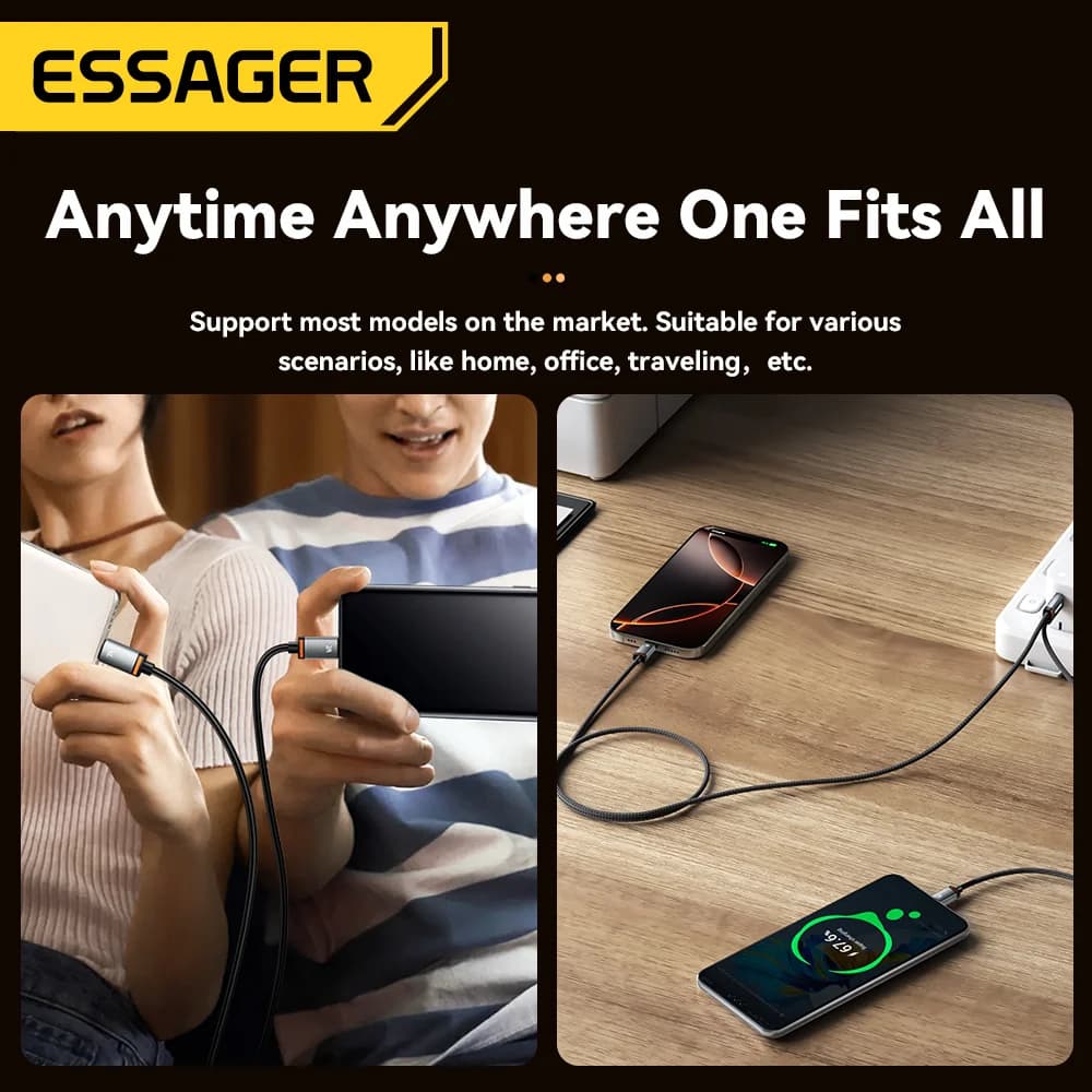 كابل شحن 2 في 1 من USB-A إلى Type-C وLightning، بقوة 100W