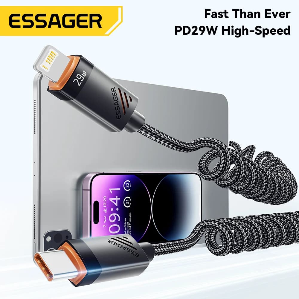 كابل شحن سريع قابل للسحب (USB-C إلى Lightning) بتصميم زنبركي