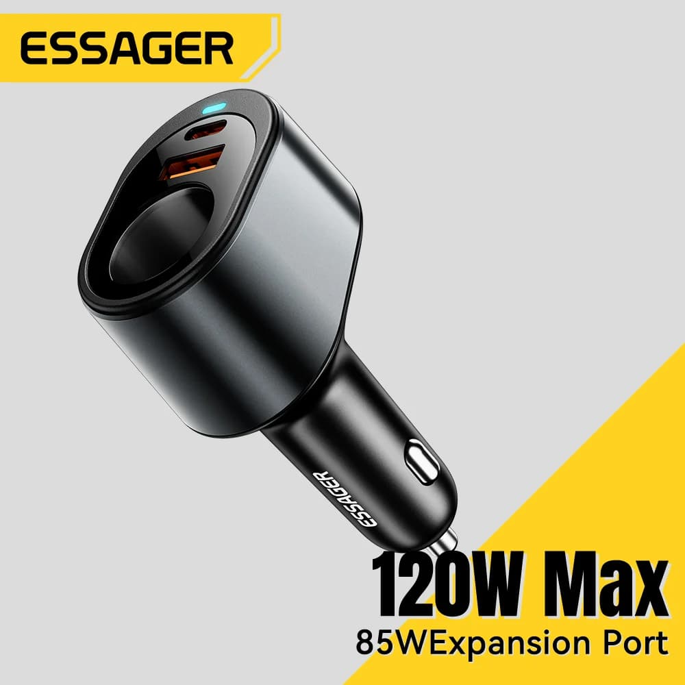 شاحن سيارة USB-C بقدرة 120 واط مع منفذ ولاعة السيارة