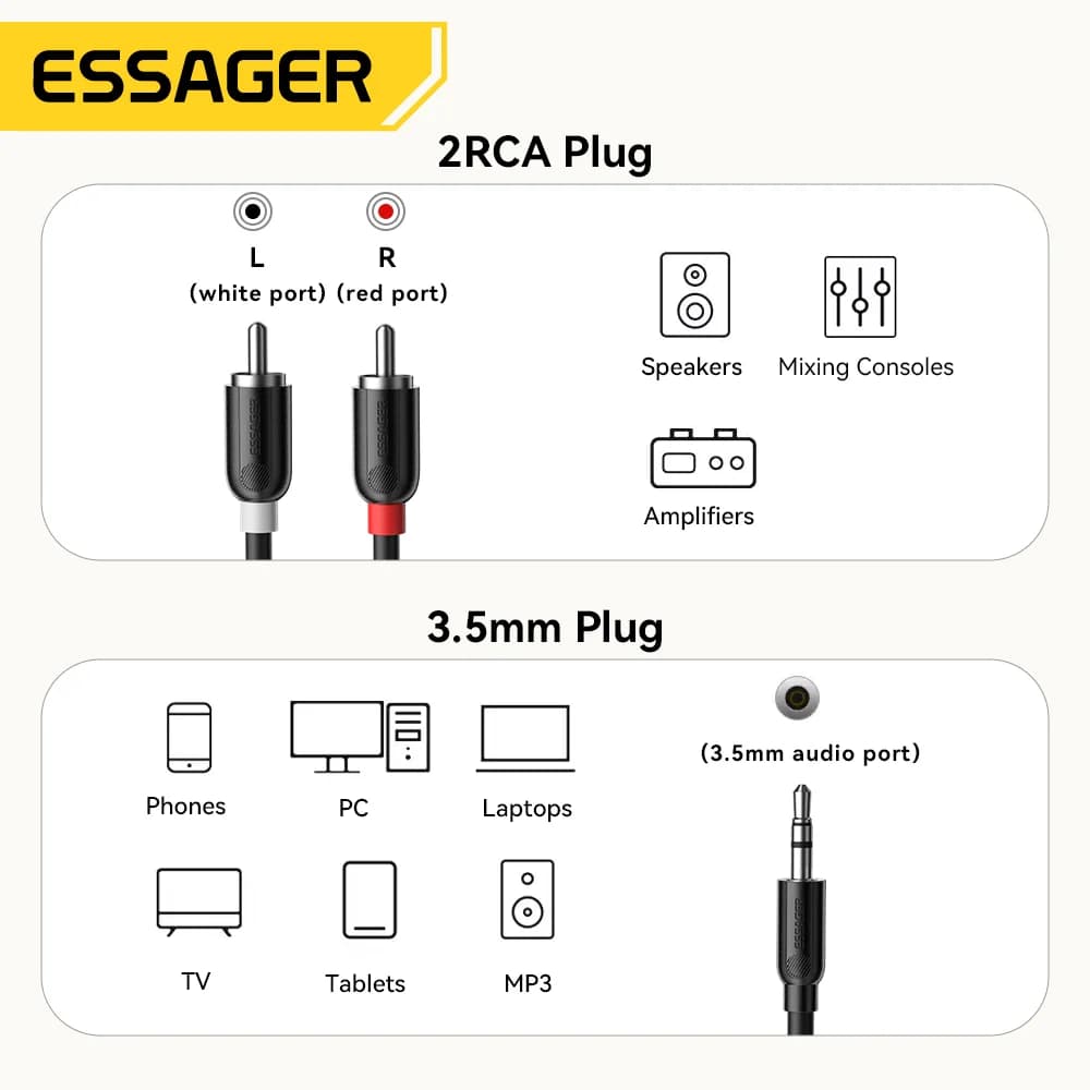 كابل مقسم صوت من 3.5mm إلى مخرجي RCA مزدوجين
