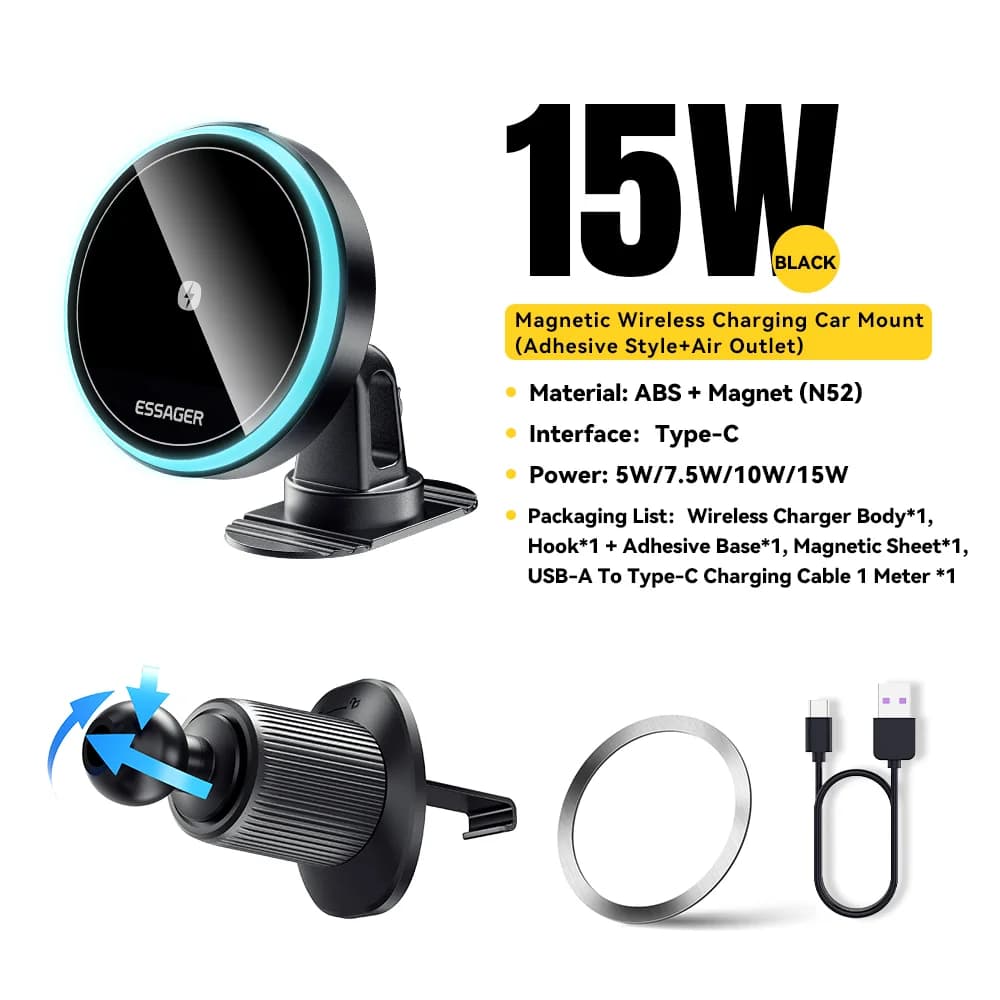 حامل شاحن سيارات لاسلكي مغناطيسي 15W مع إضاءة LED
