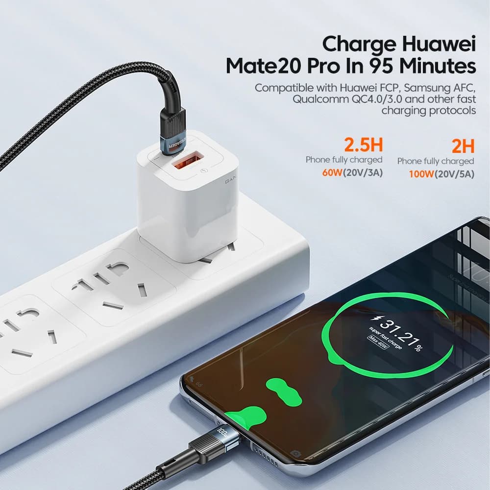 كابل شحن سريع USB-C إلى USB-C بقوة 100 واط، طول 3 متر