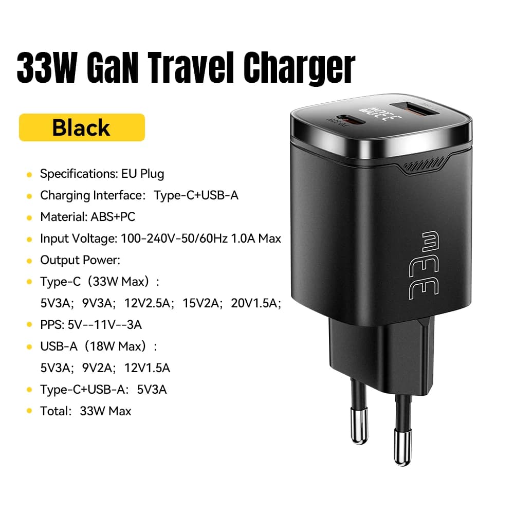شاحن GaN USB-C بقدرة 33W مع شاشة رقمية PD