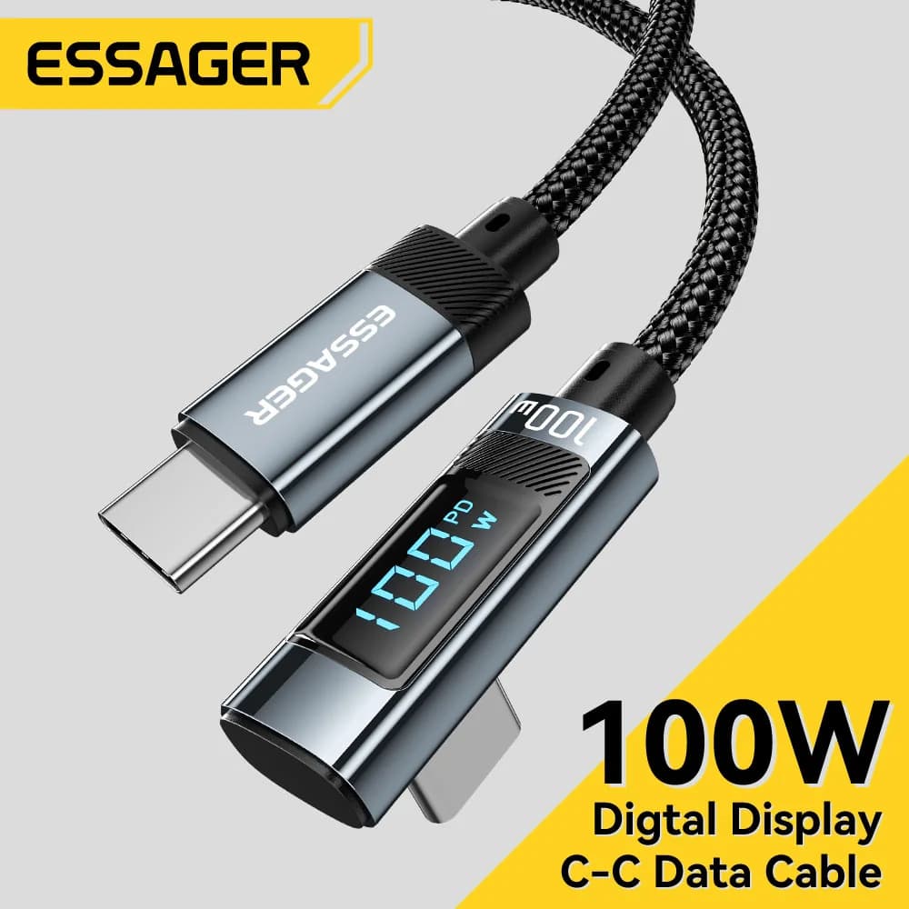 كابل USB Type-C إلى USB-C بقوة 100 واط مع شاشة LED بزاوية 90 درجة